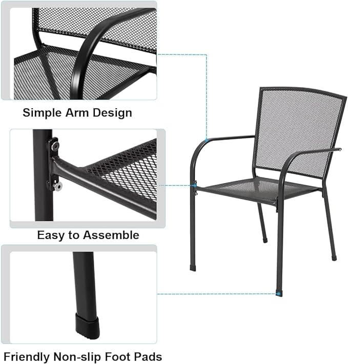 AECOJOY Metal Patio Chairs Set of 4, Stackable Patio Dining Chairs with Ergonomic Armrests & Metal Mesh for All Weather, Fit for Backyard, Garden & Porch