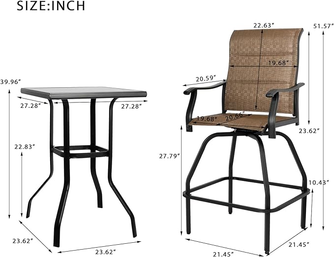 Patio Bar Set 5pcs Swivel Bar Stools Outdoor Bistro Textilene Furniture Stability All-Weather Set with Height Table (5, Dark Brown Padded)