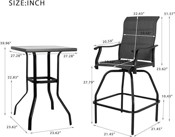 Patio Bar Set 5pcs Swivel Bar Stools Outdoor Bistro Textilene Furniture Stability All-Weather Set with Height Table (5, Grey Padded)