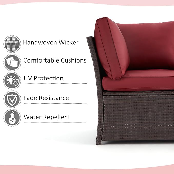 AECOJOY Patio Furniture Set, 7 Pieces Outdoor Patio Furniture with Dining Table&Chair, All Weather Wicker Conversation Set with Ottoman,Red Cushions&Brown Rattan