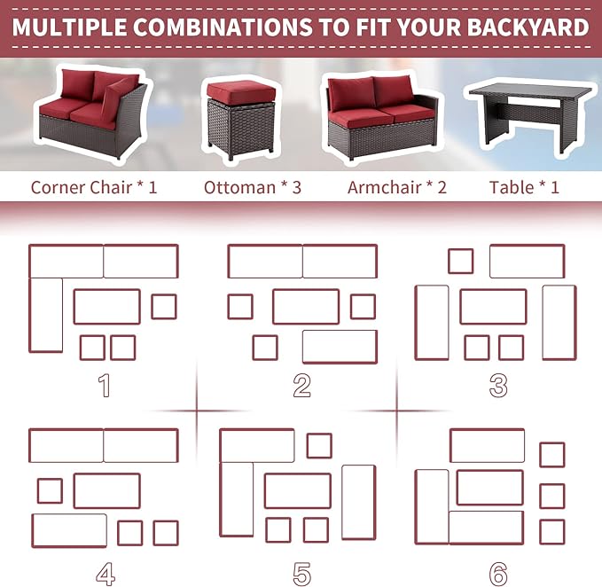 AECOJOY Patio Furniture Set, 7 Pieces Outdoor Patio Furniture with Dining Table&Chair, All Weather Wicker Conversation Set with Ottoman,Red Cushions&Brown Rattan