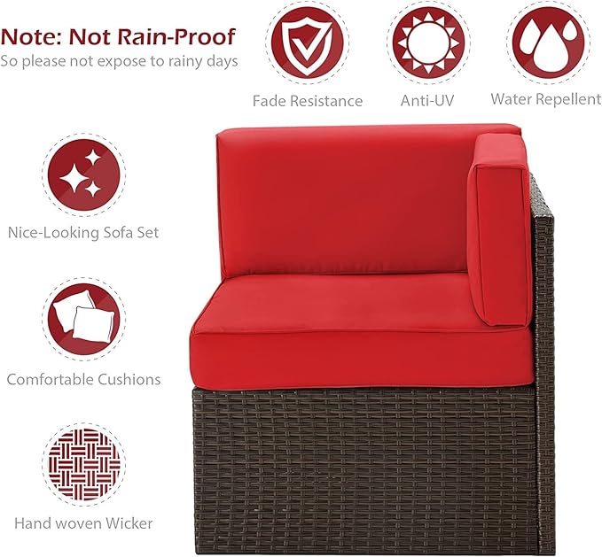 AECOJOY 7 Piece Outdoor Patio Furniture Set, Outdoor Sectional Conversation Furniture Chair with Coffee Table,Patio Sectional for Garden,Backyard(Red Cushions and Brown PE Rattan)