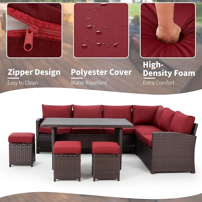 AECOJOY Patio Furniture Set, 7 Pieces Outdoor Patio Furniture with Dining Table&Chair, All Weather Wicker Conversation Set with Ottoman,Red Cushions&Brown Rattan