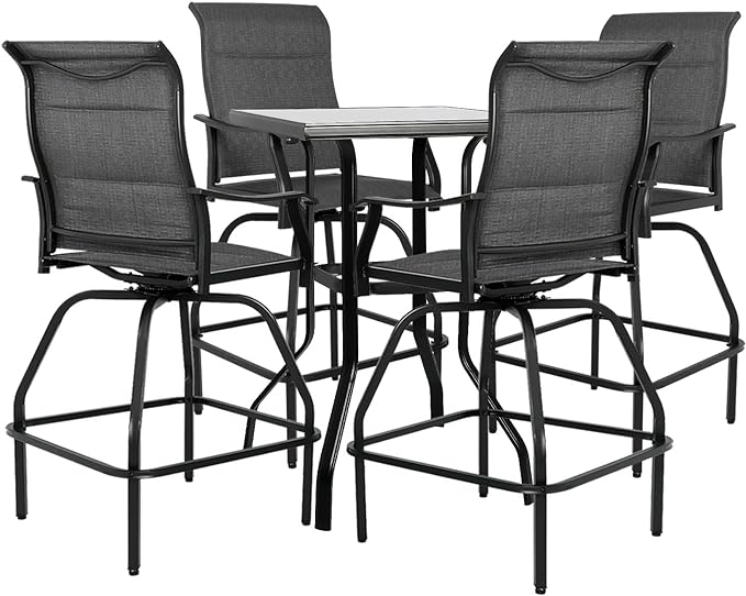 Patio Bar Set 5pcs Swivel Bar Stools Outdoor Bistro Textilene Furniture Stability All-Weather Set with Height Table (5, Grey Padded)