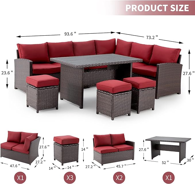 AECOJOY Patio Furniture Set, 7 Pieces Outdoor Patio Furniture with Dining Table&Chair, All Weather Wicker Conversation Set with Ottoman,Red Cushions&Brown Rattan