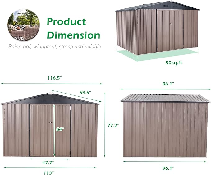 AECOJOY 8' x 10' Metal Storage Shed for Outdoor, Steel Yard Shed with Design of Lockable Doors, Utility and Tool Storage for Garden, Backyard, Patio, Outside use.