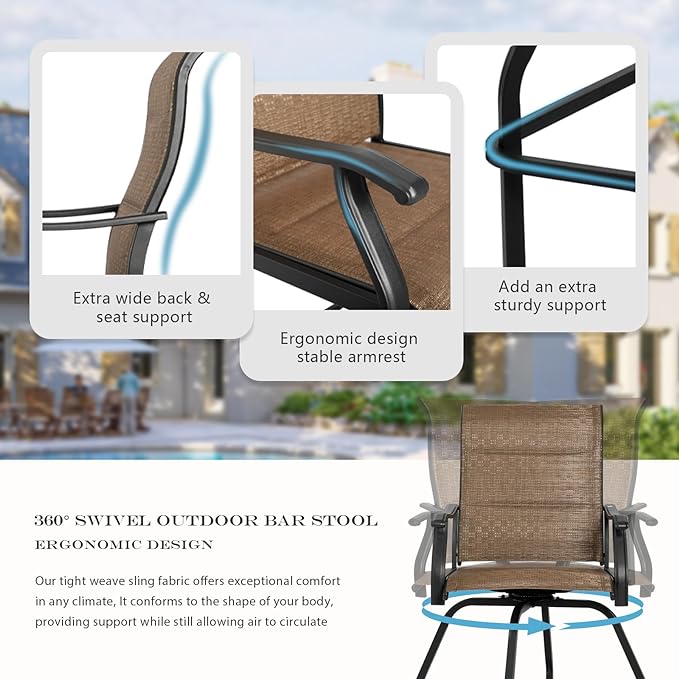 Patio Bar Set 5pcs Swivel Bar Stools Outdoor Bistro Textilene Furniture Stability All-Weather Set with Height Table (5, Dark Brown Padded)