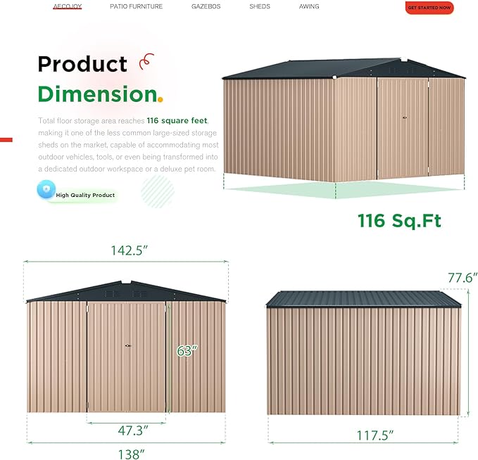 AECOJOY 12' x 10' Metal Storage Shed for Ourdoor, Extra Large Steel Yard Shed (116 Sq.Ft Land) with Design of Lockable Doors, Utility and Tool Storage for Garden, Backyard, Patio, Outside use
