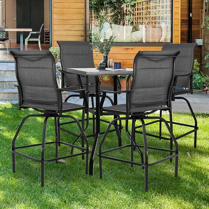 Patio Bar Set 5pcs Swivel Bar Stools Outdoor Bistro Textilene Furniture Stability All-Weather Set with Height Table (5, Grey Padded)