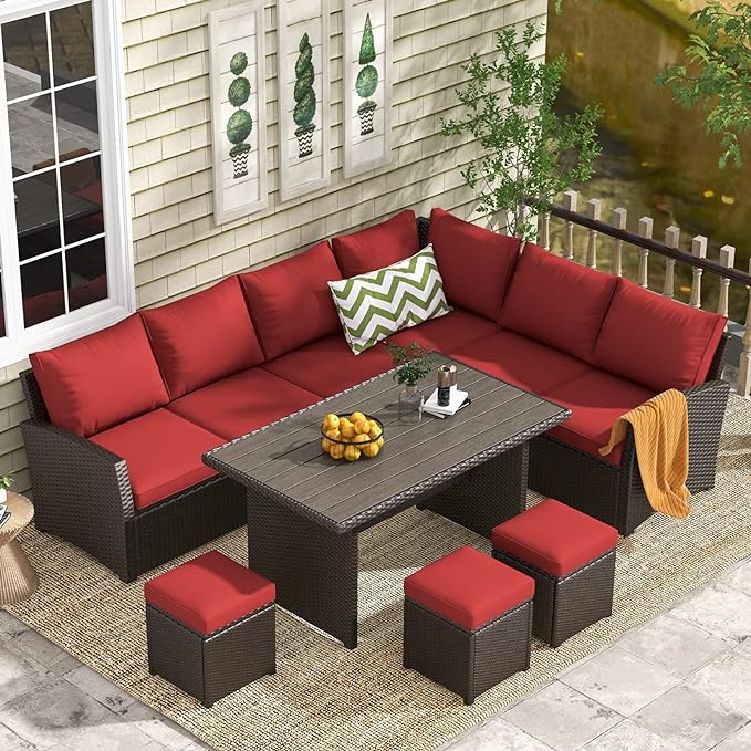 AECOJOY Patio Furniture Set, 7 Pieces Outdoor Patio Furniture with Dining Table&Chair, All Weather Wicker Conversation Set with Ottoman,Red Cushions&Brown Rattan