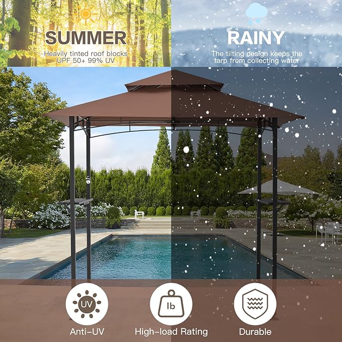 AECOJOY 8' x 5' Grill Gazebo, Grill Canopy for Outdoor Grill, 2- Tier BBQ Gazebo Shelter for Patio, Backyard and More (Brown)