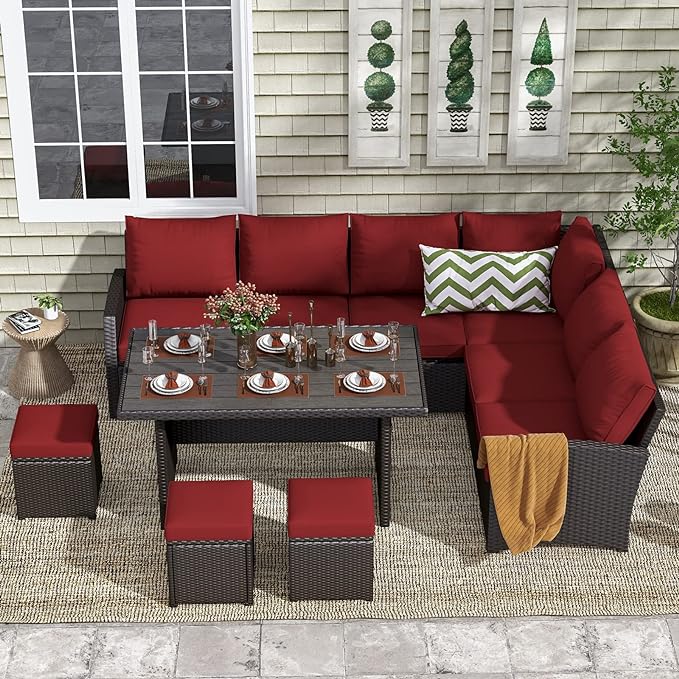 AECOJOY Patio Furniture Set, 7 Pieces Outdoor Patio Furniture with Dining Table&Chair, All Weather Wicker Conversation Set with Ottoman,Red Cushions&Brown Rattan