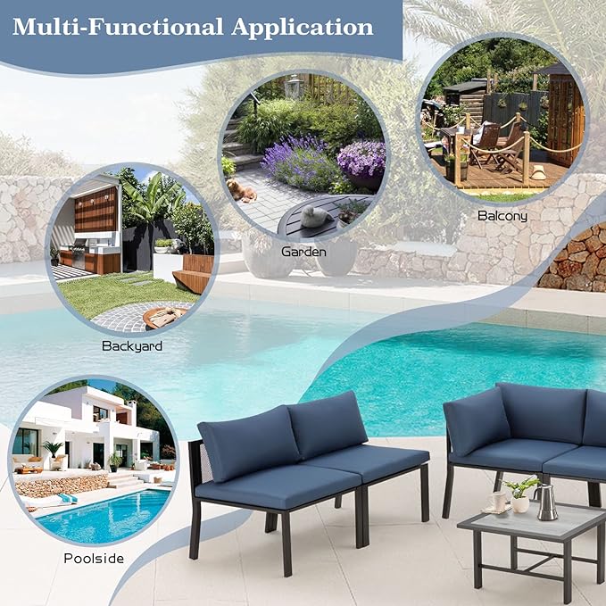 AECOJOY 7 Pieces Patio Furniture Set, Metal Mesh Fabric Outdoor Conversation Sets with Cushions and Wooden Table, Metal Outdoor Sectional Furniture for Backyard, Balcony, Lawn, Garden (Blue)