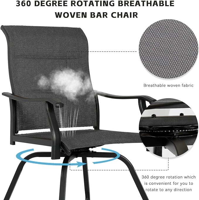 Patio Bar Set 5pcs Swivel Bar Stools Outdoor Bistro Textilene Furniture Stability All-Weather Set with Height Table (5, Grey Padded)