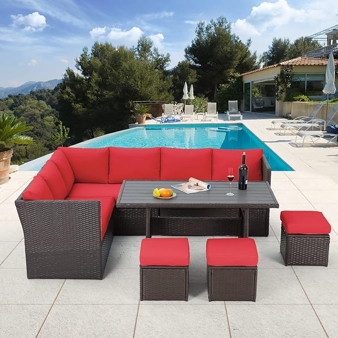 AECOJOY 7 Pieces Patio Furniture Set with Table, Outdoor Patio Furniture, Outdoor Dining Sectional Sofa with Table&Chair, Brwon Rattan and Red Cushion