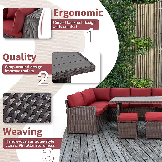 AECOJOY Patio Furniture Set, 7 Pieces Outdoor Patio Furniture with Dining Table&Chair, All Weather Wicker Conversation Set with Ottoman,Red Cushions&Brown Rattan