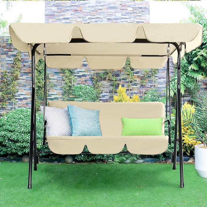 AECOJOY Outdoor Patio Swing Chair for Adults, 3-Seat Porch Swings with Adjustable Canopy, Outside Swing Bench with Removable Cushion, Suitable for Backyard, Garden, Yard, Poolside, Balcony (Beige)