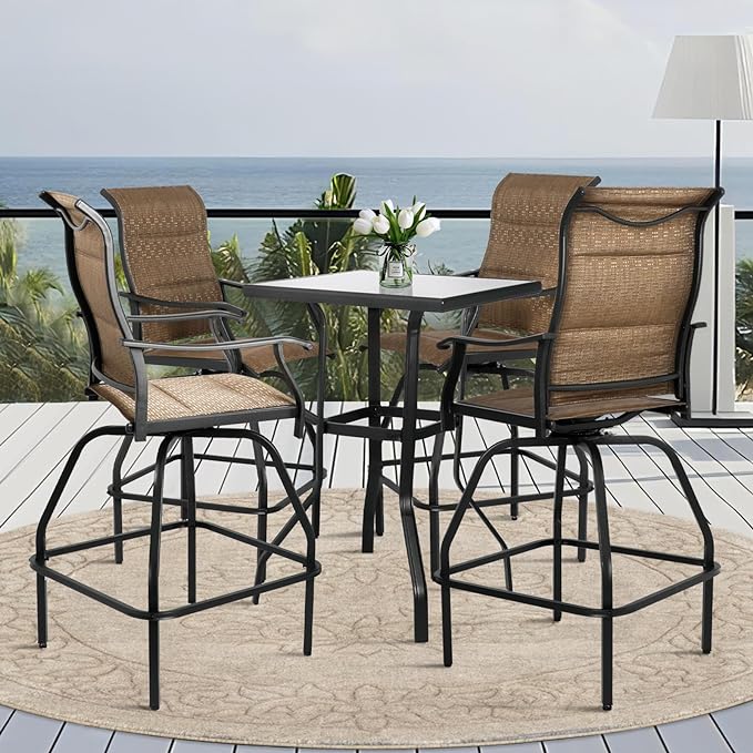 Patio Bar Set 5pcs Swivel Bar Stools Outdoor Bistro Textilene Furniture Stability All-Weather Set with Height Table (5, Dark Brown Padded)