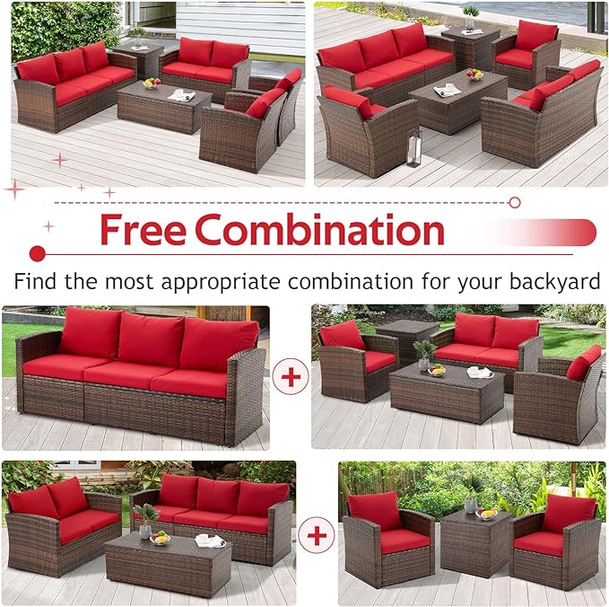 AECOJOY 7 PCS Patio Furniture Set with Two Storage Boxes&Patio Set Cover, Outdoor Rattan Conversation Set, PE Wicker Sectional Sofa Outdoor Furniture, Brown Rattan&Red Cushions