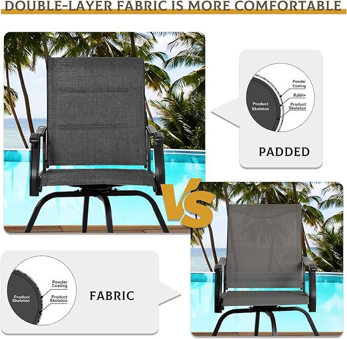 Patio Bar Set 5pcs Swivel Bar Stools Outdoor Bistro Textilene Furniture Stability All-Weather Set with Height Table (5, Grey Padded)