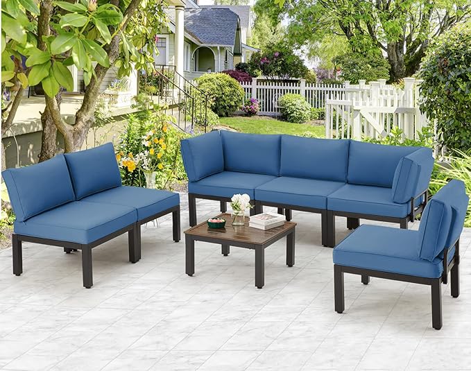 AECOJOY Patio Furniture Set Metal, Outdoor Sectional Wrought Iron Patio Furniture Sets Clearance, 7 Pieces Patio Conversation Sets with Navy Blue Cushions for Outside Use