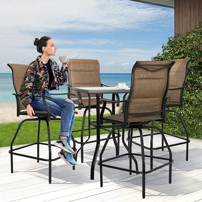 Patio Bar Set 5pcs Swivel Bar Stools Outdoor Bistro Textilene Furniture Stability All-Weather Set with Height Table (5, Dark Brown Padded)