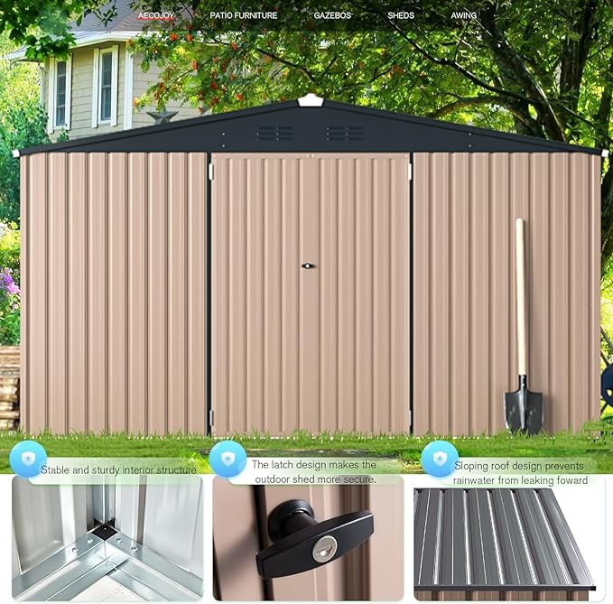 AECOJOY 12' x 10' Metal Storage Shed for Ourdoor, Extra Large Steel Yard Shed (116 Sq.Ft Land) with Design of Lockable Doors, Utility and Tool Storage for Garden, Backyard, Patio, Outside use