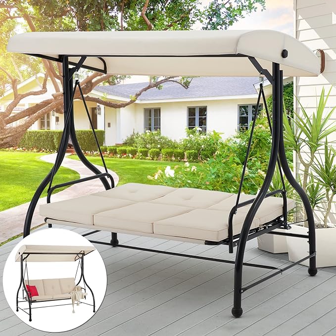 AECOJOY 3 Seat Outdoor Patio Swing Converting Porch Patio Swing with Canopy Hammock w Adjustable Backrest and Canopy Removable Cushions Outdoor Swing with Stand Beige