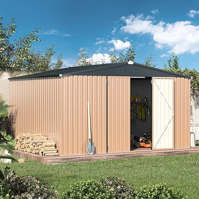 AECOJOY 12' x 10' Metal Storage Shed for Ourdoor, Extra Large Steel Yard Shed (116 Sq.Ft Land) with Design of Lockable Doors, Utility and Tool Storage for Garden, Backyard, Patio, Outside use