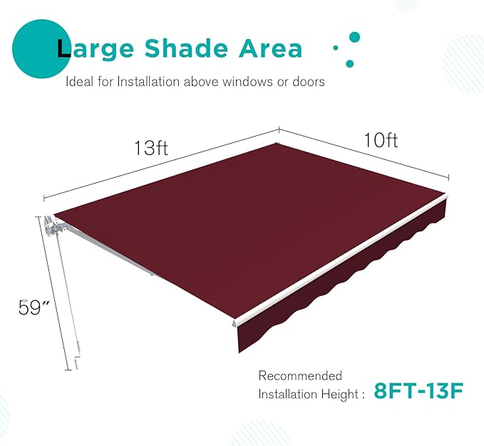 AECOJOY 13'×10' Manual Retractable Awning Sun Shade Patio Awning Cover Outdoor Patio Canopy Sunsetter Deck Awnings with Manual Crank Handle, Wine Red