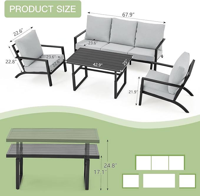 AECOJOY Outdoor Furniture Aluminum Patio Furniture Set, Metal Modern Outdoor Patio Furniture Conversation Set, Outdoor Furniture Aluminum Patio Set High Back Clearance in Grey