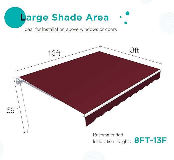 AECOJOY 13'×8' Manual Retractable Awning Sun Shade Patio Awning Cover Outdoor Patio Canopy Sunsetter Deck Awnings with Manual Crank Handle, Wine Red