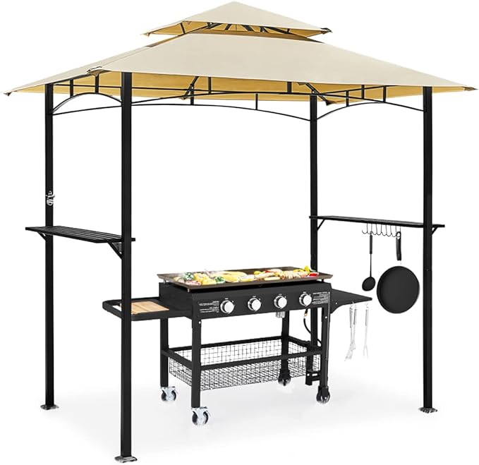 AECOJOY 8' x 5' Grill Gazebo, Grill Canopy for Outdoor Grill, 2- Tier BBQ Gazebo Shelter for Patio, Backyard and More (Beige)