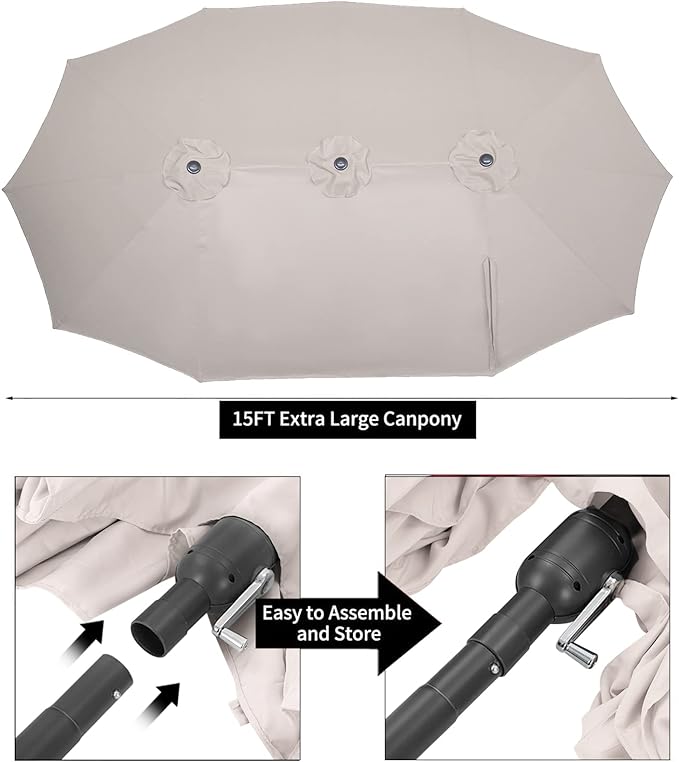 AECOJOY 15x9ft Double-Sided Patio Umbrella Outdoor Market Umbrella Large Umbrella Table Umbrellas with Crank Air Vents for Deck Pool Patio (1.9" Pole, Beige)