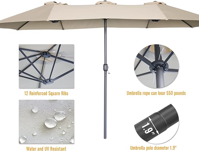 AECOJOY 15x9ft Double-Sided Patio Umbrella Outdoor Market Umbrella Large Umbrella Table Umbrellas with Crank Air Vents for Deck Pool Patio (1.9" Pole, Beige)