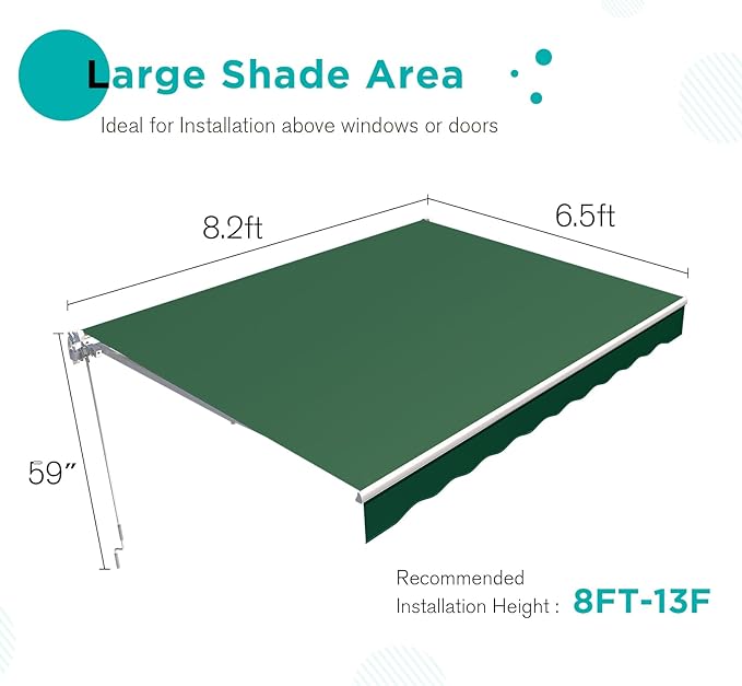 AECOJOY 8.2'×6.5' Manual Retractable Awning Sun Shade Patio Awning Cover Outdoor Patio Canopy Sunsetter Deck Awnings with Manual Crank Handle, Green