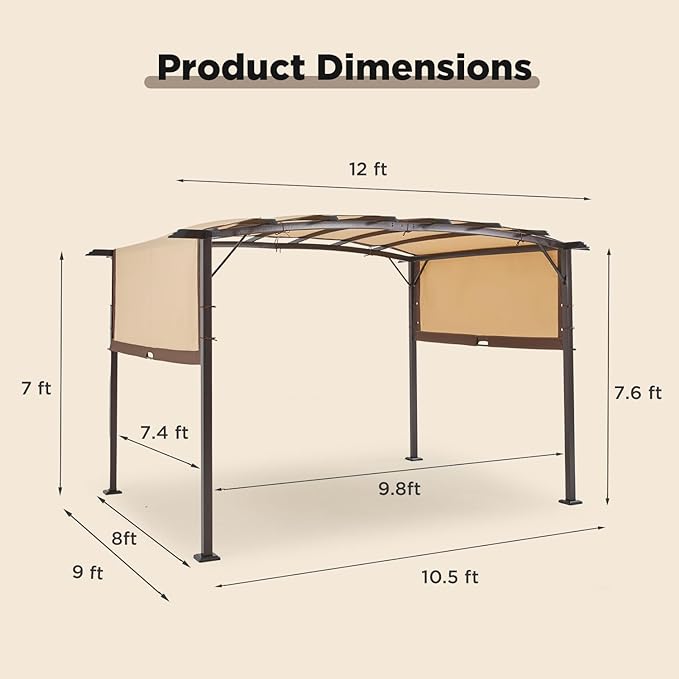 AECOJOY 12' x 9' Outdoor Pergola Canopy, Pergolas and Gazebos Clearance, Outdoor Retractable Pergola Shade Cover, Metal Pergola Canopy for Garden, Backyard and More