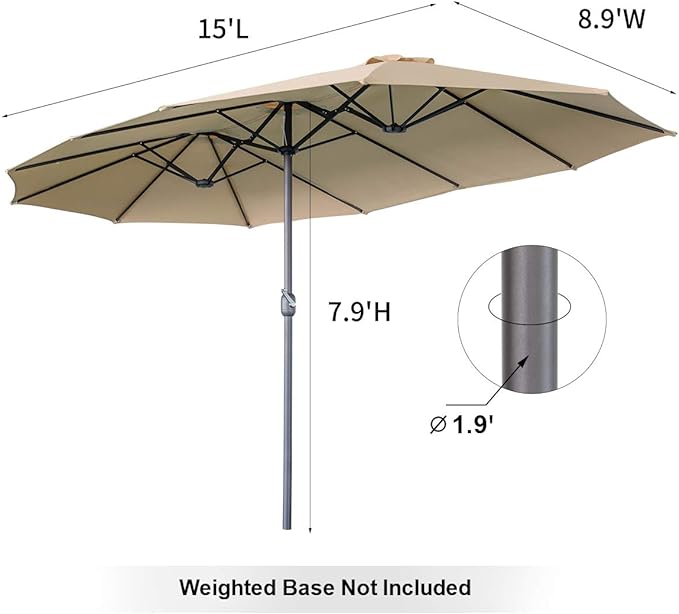 AECOJOY 15x9ft Double-Sided Patio Umbrella Outdoor Market Umbrella Large Umbrella Table Umbrellas with Crank Air Vents for Deck Pool Patio (1.9" Pole, Beige)