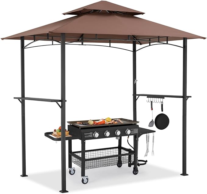 AECOJOY 8' x 5' Grill Gazebo, Grill Canopy for Outdoor Grill, 2- Tier BBQ Gazebo Shelter for Patio, Backyard and More (Brown)