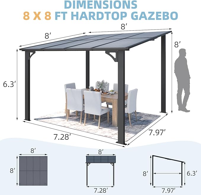 AECOJOY 8' x 8' Gazebo for Patio, Small Wall-Mounted Lean to Gazebo Pergola with Roof (64 Sq.Ft Shaded) on Clearance, Hard Top Heavy Duty Awnings for Decks, Backyard and More