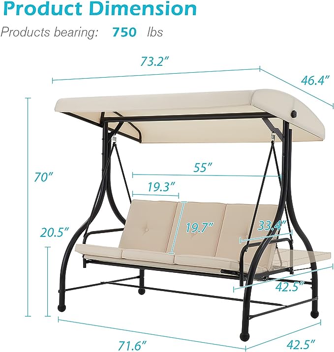 AECOJOY 3-Seat Outdoor Patio Swing, Converting Porch Patio Swing with Canopy Hammock w/Adjustable Backrest and Canopy, Removable Cushions Outdoor Swing with Stand, Beige