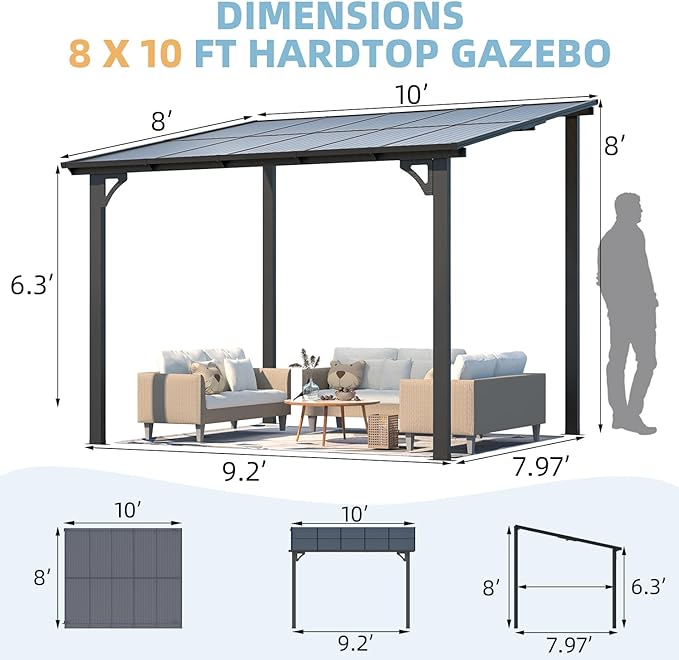 AECOJOY 10' x 8' Gazebo for Patio, Small Wall-Mounted Lean to Gazebo Pergola with Roof (80 Sq.Ft Shaded) on Clearance, Hard Top Heavy Duty Awnings for Decks, Backyard and More