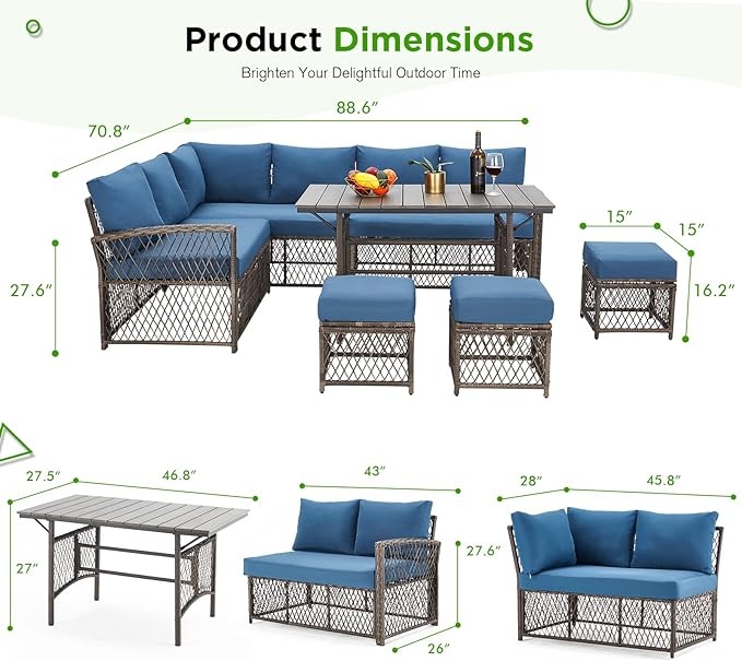 AECOJOY Patio Furniture Set, Outdoor Patio Furniture with Dining Table&Chair, 7 Pieces All Weather Wicker Conversation Set with Ottoman,Navy