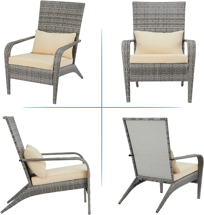 AECOJOY 2 Pieces Patio Adirondack Wicker Chair,PE Rattan Wicker Patio Dining Chair Set of 2, Grey Wicker Beige Cushion and Pillow for Garden, Backyard, Porch