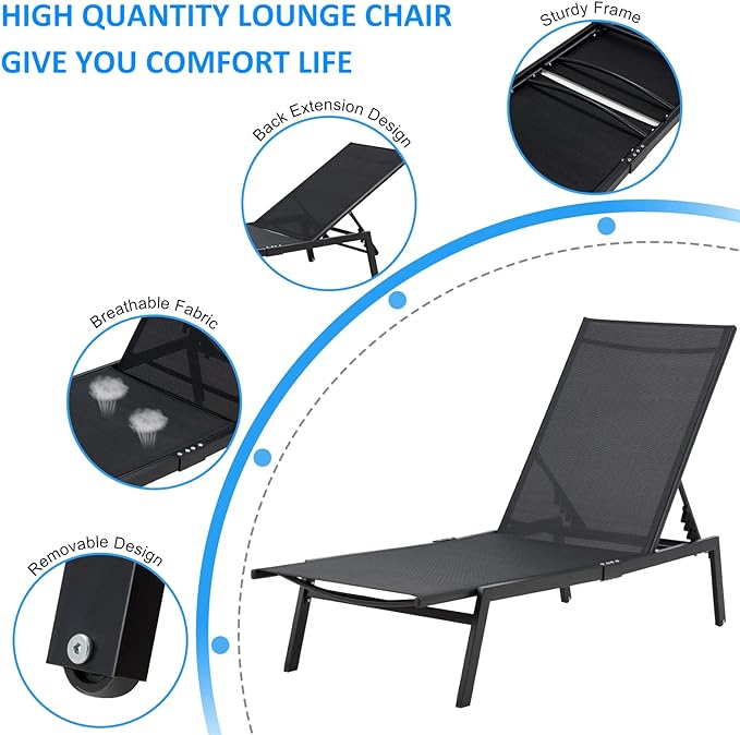 AECOJOY Patio Aluminum Lounge Chairs for Outside,Adjustable Outdoor Chaise Lounge for Outside Pool,Curved Design Pool Lounge Chairs Set of 2,Black