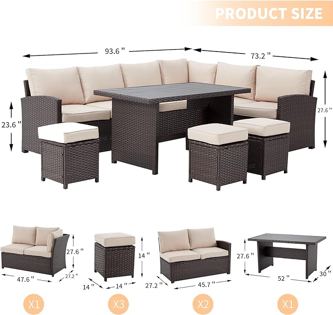 AECOJOY Patio Furniture Set, 7 Pieces Outdoor Patio Furniture with Dining Table&Chair, All Weather Wicker Conversation Set with Ottoman,Khaki