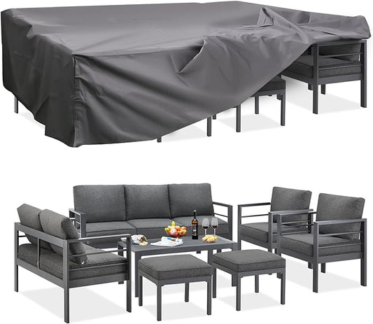 AECOJOY Aluminum Patio Furniture Set with Waterproof Cover, Modern Outdoor Patio Furniture with Coffee Table, 7 Pieces Outdoor Conversation Set with Dark Grey Cushions for Balcony, Porch, Lawn