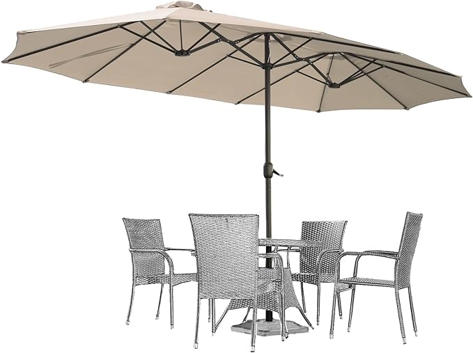 AECOJOY 15x9ft Double-Sided Patio Umbrella Outdoor Market Umbrella Large Umbrella Table Umbrellas with Crank Air Vents for Deck Pool Patio (1.9" Pole, Beige)