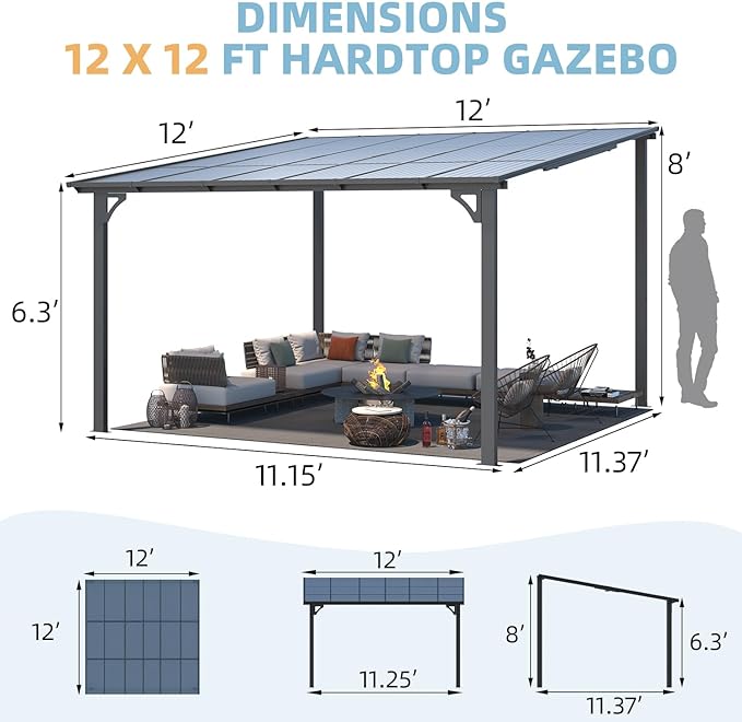 AECOJOY 12' x 12' Gazebo for Patio, Wall-Mounted Lean to Gazebo Pergola with Roof (144 Sq.Ft Shaded) on Clearance, Large Hard Top Heavy Duty Awnings for Decks, Backyard and More