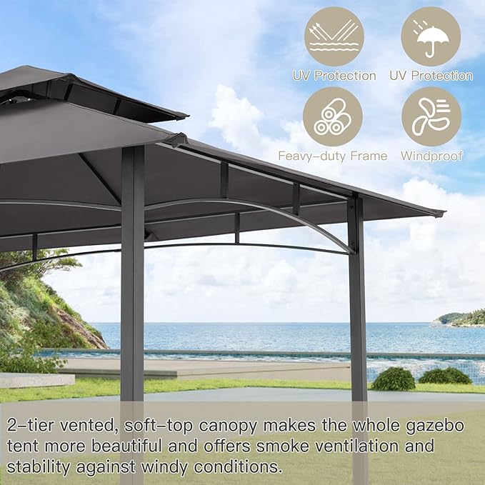 AECOJOY 8' x 5' Grill Gazebo, Grill Canopy for Outdoor Grill, 2- Tier BBQ Gazebo Shelter for Patio, Backyard and More (Dark Grey)